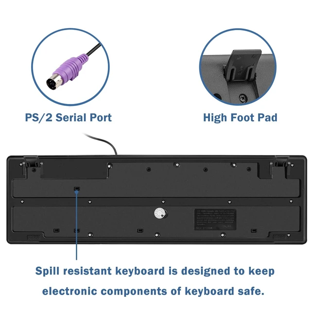 Alt view image 10 of 12 - MCSaite Wired PS2 104 Keys Computer Keyboard with Stands,Black,Waterproof - US Layout Compatible for Windows, PC, Laptop