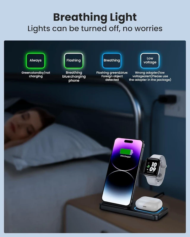 Alt view image 14 of 14 - 3 in 1 Wireless Charger for iphone 16 15 14 13 12 11 XR 8 Charging Station for Watch 10/9/Ultra/8/7/SE/6/5/4 & AirPods Series Wireless Charging Station for Multiple Devices