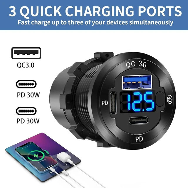 Alt view image 9 of 14 - 2 PACK 12V USB Car Socket Round USB C 12V Outlet 3-Port Marine Fast Charger Waterproof Cigarette Outlet Replacement Aluminum with Switch and Voltmeter Suitable for Boat Golf Cart RV Motorcycle