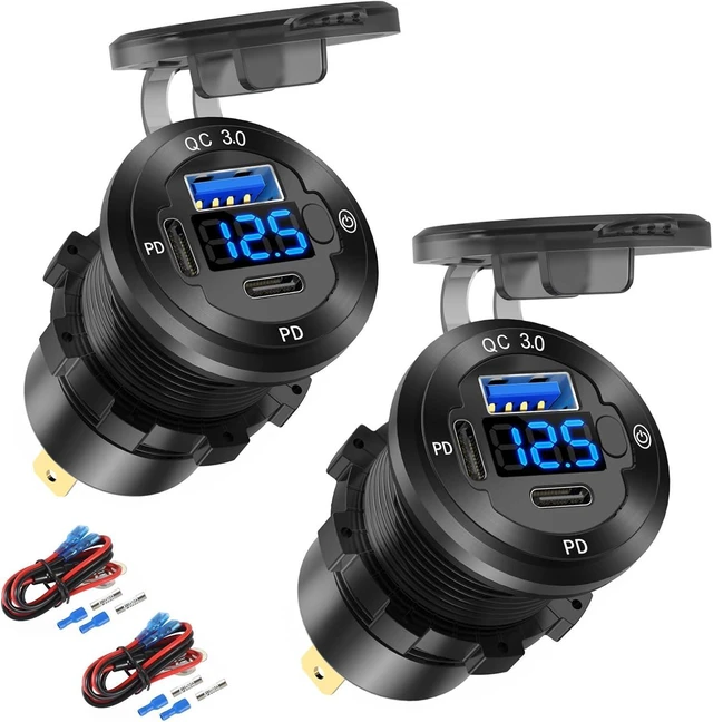 Alt view image 8 of 14 - 2 PACK 12V USB Car Socket Round USB C 12V Outlet 3-Port Marine Fast Charger Waterproof Cigarette Outlet Replacement Aluminum with Switch and Voltmeter Suitable for Boat Golf Cart RV Motorcycle