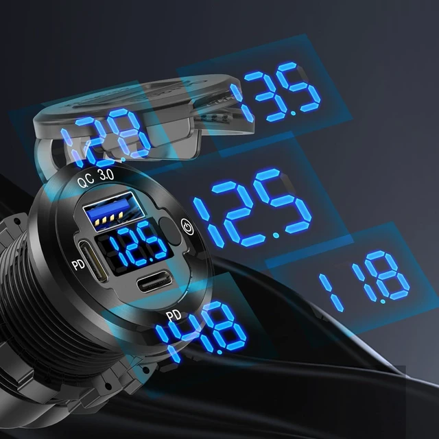 Alt view image 11 of 14 - 2 PACK 12V USB Car Socket Round USB C 12V Outlet 3-Port Marine Fast Charger Waterproof Cigarette Outlet Replacement Aluminum with Switch and Voltmeter Suitable for Boat Golf Cart RV Motorcycle