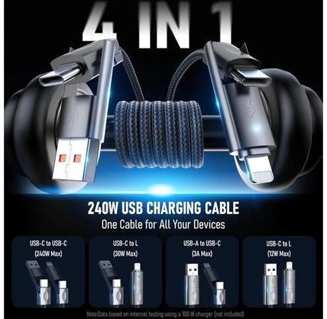 Alt view image 9 of 14 - 4 in 1 Charging Cable 240W USB to USB C Cable 10 ft 2 Pack Fast Charging Multi Charger Cord with Type C/USB A/L Port for iPhone 16/15 /14 Series MacBook iPad Pixel Switch PS5 Tablet and More