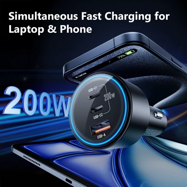 Alt view image 16 of 20 - USB C Car Charger Fast Charging 200W, Dual PD 100W Type C Car Charger, PD3.0/QC4.0/PPS Cigarette Lighter Adapter for iPhone 16/15/14/13/12, Galaxy S22/S21 Ultra, MacBook, Laptop etc