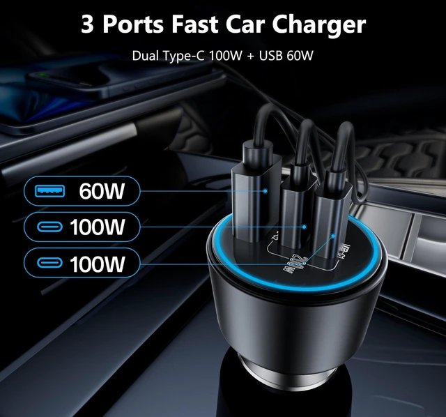 Alt view image 17 of 20 - USB C Car Charger Fast Charging 200W, Dual PD 100W Type C Car Charger, PD3.0/QC4.0/PPS Cigarette Lighter Adapter for iPhone 16/15/14/13/12, Galaxy S22/S21 Ultra, MacBook, Laptop etc