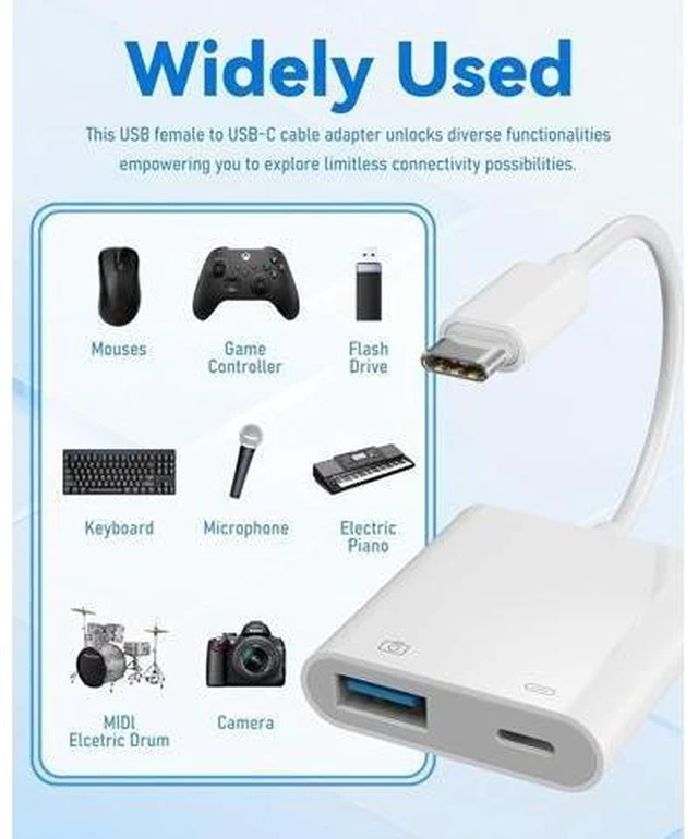 Alt view image 9 of 14 - USB C to USB Camera Adapter with 30W PD Charging Port OTG Cable Compatible with for iPhone 17/16/15 iPad Android Phone Tablet USB 3.0 Female for Flash Drives Keyboards Mice and More