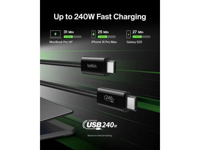 Alt view image 9 of 14 - USB C to USB C Cable ?2-Pack 6.6ft 240W - Type C Charger iPhone Charger Cord Soft Braided Flexible for iPhone 17 Galaxy S25 Pixel 10 MacBook Chromebook iPad Pro Switch C Black