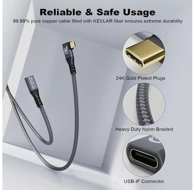 Alt view image 14 of 14 - 20Gbps USB C 3.2 Extension Cable 90 Degree USBC 3.2 Gen2 Type-c Male to Female Extender Cable 4K@60Hz 240W Charging 20Gbps Data Transfer with External SSD eGPU (90 Degree Extension 20G 240W-2M)