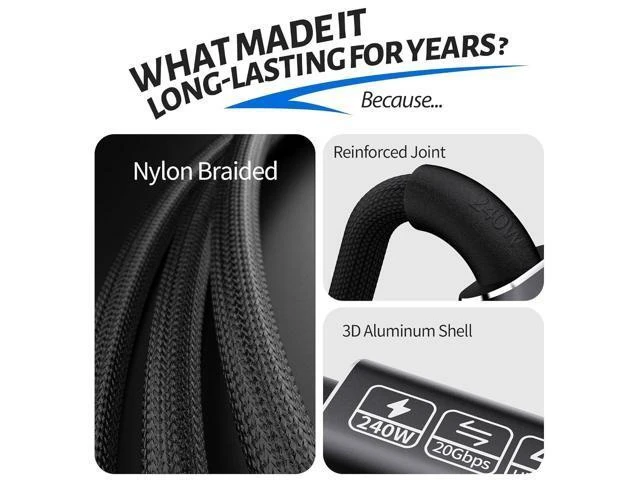 Alt view image 9 of 14 - USB-C Cable - 4K Video & Power 3.2 Gen 2 20Gbps 240W PD Fast Charging 6.6FT Black