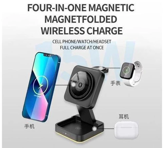 Alt view image 7 of 10 - 3 in 1 Wireless Charger 15W Foldable Wireless Magnetic Charger Station with Night Lamp for Phone Watch and Earphone White