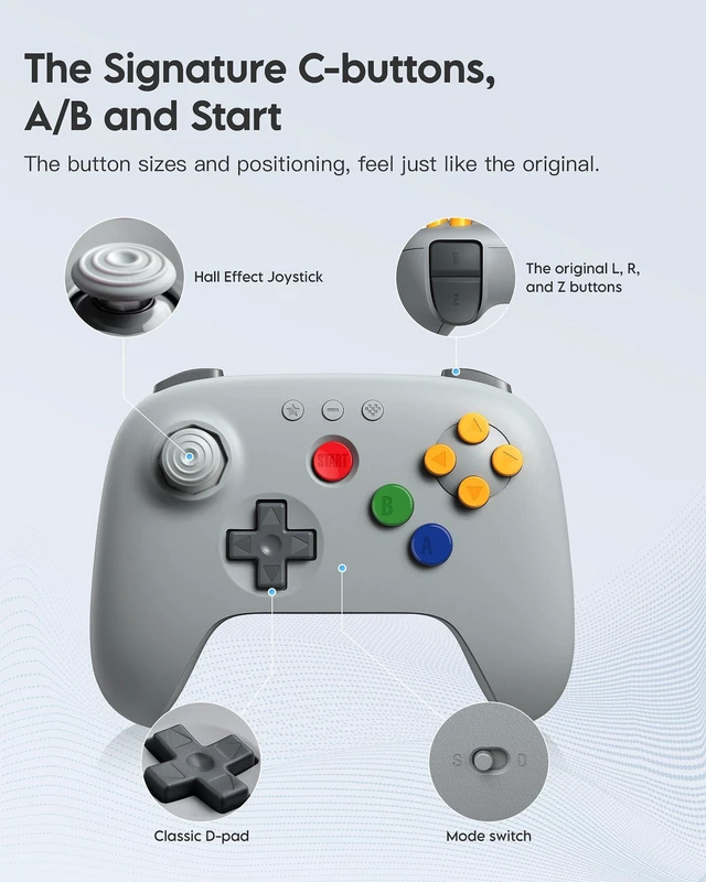Alt view image 10 of 14 - 64 Bluetooth Controller for Analogue 3D, Switch, Switch 2, Windows, Android Hall Effect Joystick, Vibration, Turbo Function Gray