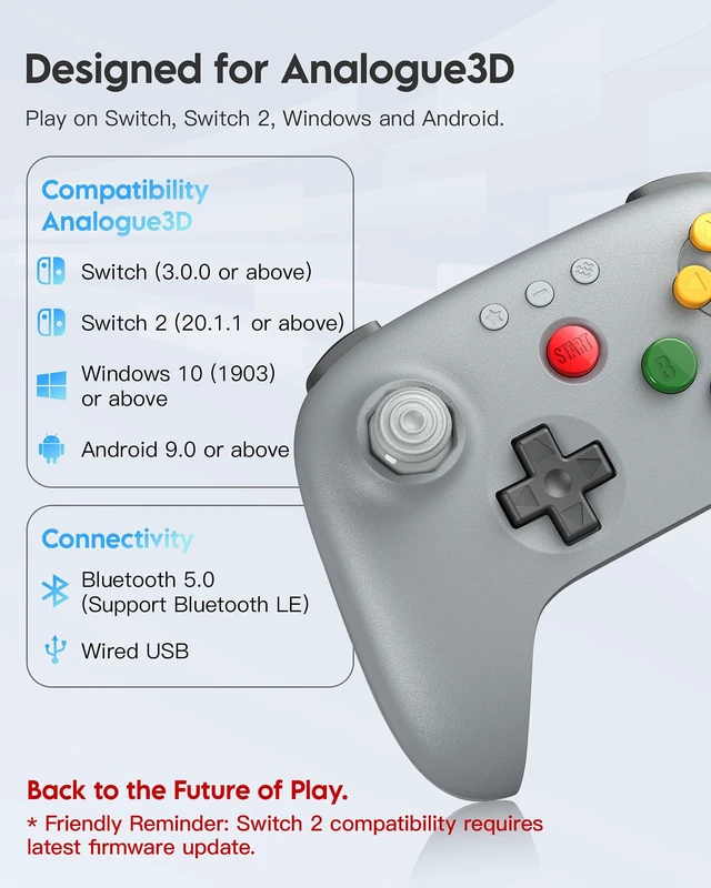 Alt view image 11 of 14 - 64 Bluetooth Controller for Analogue 3D, Switch, Switch 2, Windows, Android Hall Effect Joystick, Vibration, Turbo Function Gray