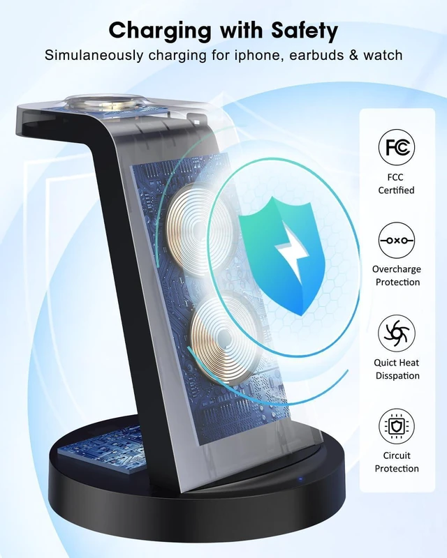 Alt view image 11 of 14 - 3 in 1 Charging Station for Device Wireless Charger for iPhone 16e 16 15 14 13 12 11 Pro Max & Watch iwatch- Charging Stand Dock for AirPods