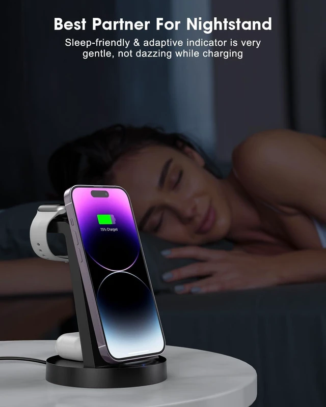 Alt view image 14 of 14 - 3 in 1 Charging Station for Device Wireless Charger for iPhone 16e 16 15 14 13 12 11 Pro Max & Watch iwatch- Charging Stand Dock for AirPods