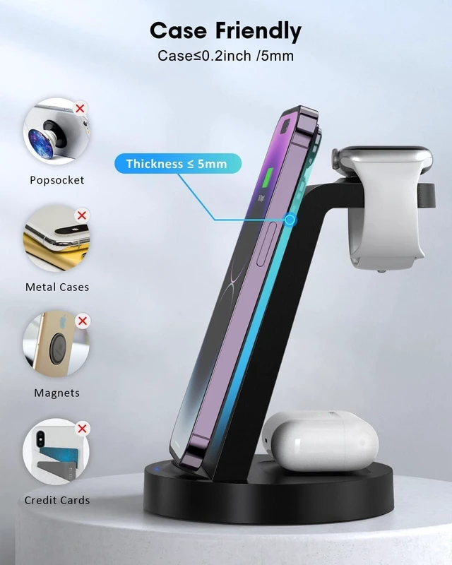 Alt view image 12 of 14 - 3 in 1 Charging Station for Device Wireless Charger for iPhone 16e 16 15 14 13 12 11 Pro Max & Watch iwatch- Charging Stand Dock for AirPods