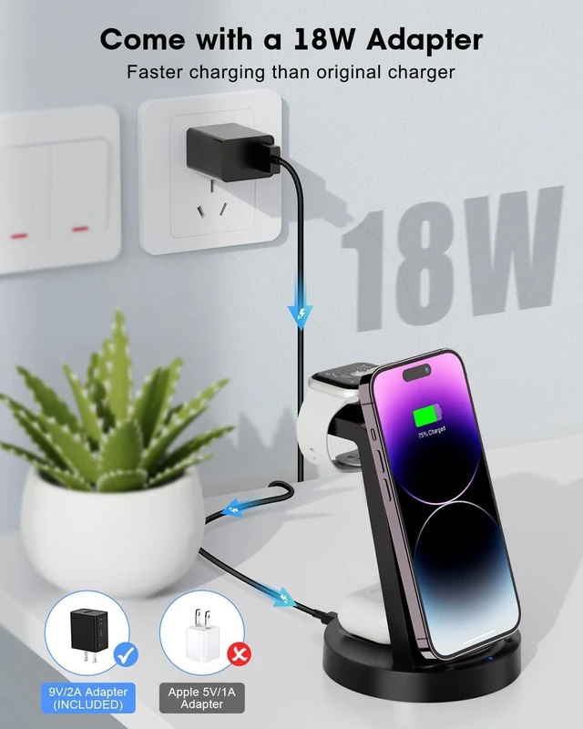 Alt view image 13 of 14 - 3 in 1 Charging Station for Device Wireless Charger for iPhone 16e 16 15 14 13 12 11 Pro Max & Watch iwatch- Charging Stand Dock for AirPods