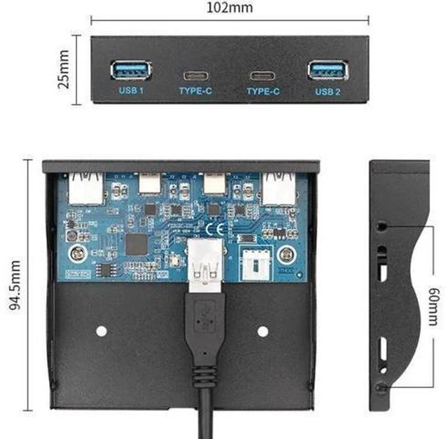 Alt view image 4 of 6 - Type-C USB3.0 Dual Ports & USB3.0 Type-A Dual Port HUB Front Panel to Motherboard 20Pin Connector Cable Cord for 3.5" Floppy Bay