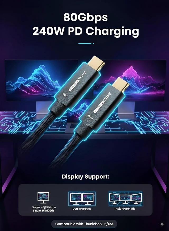 Alt view image 9 of 14 - USB C Cable 4ft Thunderbolt 5/4 Supported 80Gbps Data Transfer 240W Fast Charging Up to 120Gbps Bandwidth Compatible with 8K/4K Display for iPhone 17/16/15 Pro Max Plus MacBook