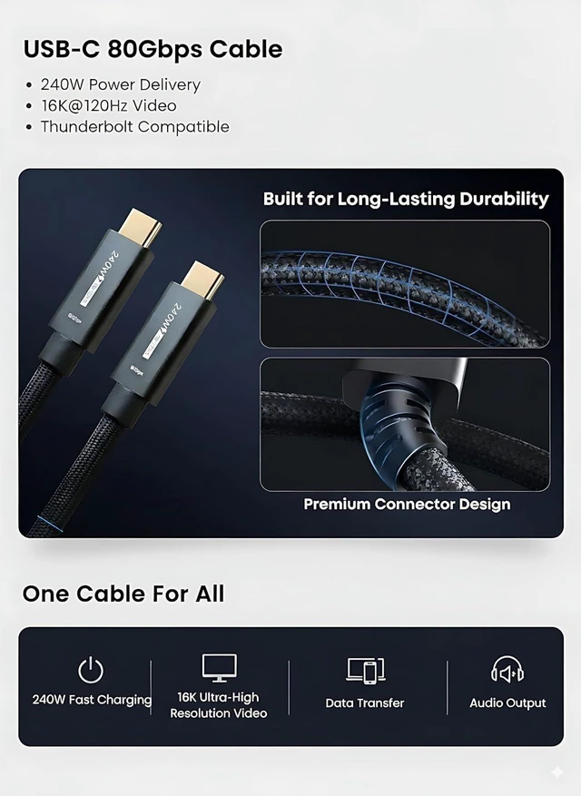 Alt view image 14 of 14 - USB C Cable 4ft Thunderbolt 5/4 Supported 80Gbps Data Transfer 240W Fast Charging Up to 120Gbps Bandwidth Compatible with 8K/4K Display for iPhone 17/16/15 Pro Max Plus MacBook