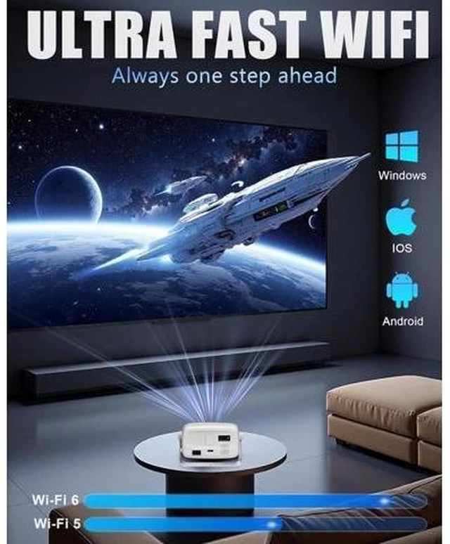 Alt view image 13 of 14 - Official Licensed Netflix & Electric FocusMini Projector with WIFI and Bluetooth, 270° rotation, Braided fabric design, Native 1080P Movie Projector with Built-in Speaker, 900ANSI, White Cool white