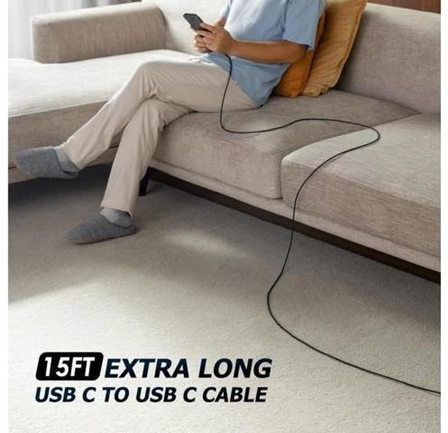 Alt view image 12 of 14 - Extra Long USB C to USB C Cable 15FT 100W USB C Charger Cable Fast Charging Cord Braided Type C Cable for iPhone 17 16 15/15Plus/15Pro/Max MacBook Pro/Air iPad Pro/Air/Mini Pixel Laptop