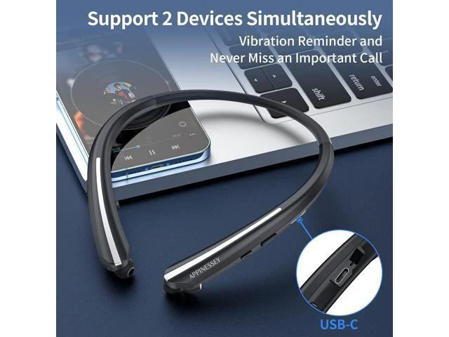 Alt view image 13 of 14 - Bluetooth Headphones Retractable Neckband Bluetooth Headset with Microphone Vibration Call Stereo Noise Cancelling Earphones for Workout Sports Driving (Black)