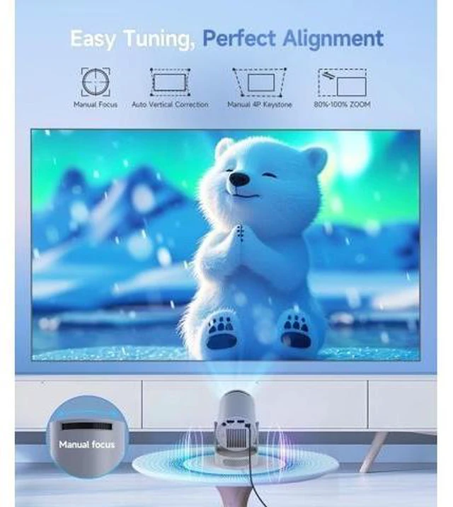 Alt view image 9 of 12 - ini Projector with WiFi 6 and Bluetooth 5.4, Portable Projector 4K Support, 5W Soundbase Speaker, Auto Vertical Keystone 180°Rotatable Smart Proyector for Movie Home Outdoor Manual Focus Grey