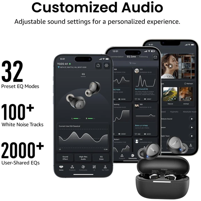 Alt view image 14 of 14 - A1 Wireless Earbuds Bluetooth 5.3 Light Weight in Ear IPX5 Waterproof Headphones 2 Mic for AI Calls, Immersive Premium Sound Bass Headset with Charging Case, 32 Presets EQ Customization via App