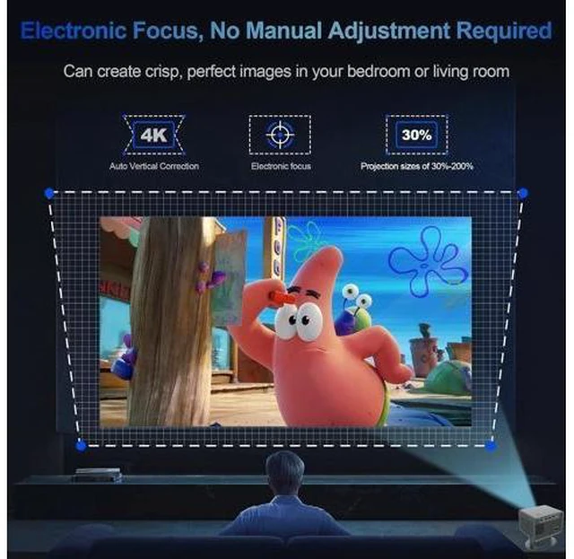 Alt view image 9 of 12 - Mini Projector Support 4K with WiFi and Bluetooth, Built-in APPS & Electric Focus, 300 ANSI & Auto Keystone Portable Projector, 200" Screen Compatible with iPhone/Laptop/TV Stick for Bedroom Outdoor