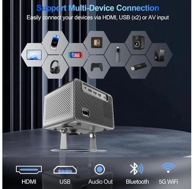 Alt view image 12 of 12 - Mini Projector Support 4K with WiFi and Bluetooth, Built-in APPS & Electric Focus, 300 ANSI & Auto Keystone Portable Projector, 200" Screen Compatible with iPhone/Laptop/TV Stick for Bedroom Outdoor