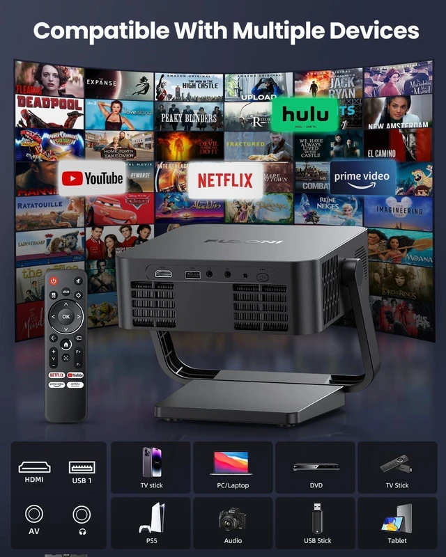 Alt view image 14 of 14 - FUDONI GC999 Smart Projector Built-in Netflix Bundle with 100 inch Projector Screen