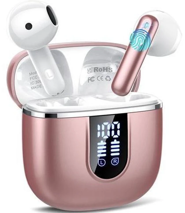 Alt view image 8 of 14 - Wireless Earbuds 2025 Bluetooth 5.4 Headphones in Ear Buds 40H HiFi Stereo Bluetooth Earbuds with 4 ENC Noise Cancelling Mics IP7 Waterproof Mini Earphones with Dual LED Display USB C Pink Gold