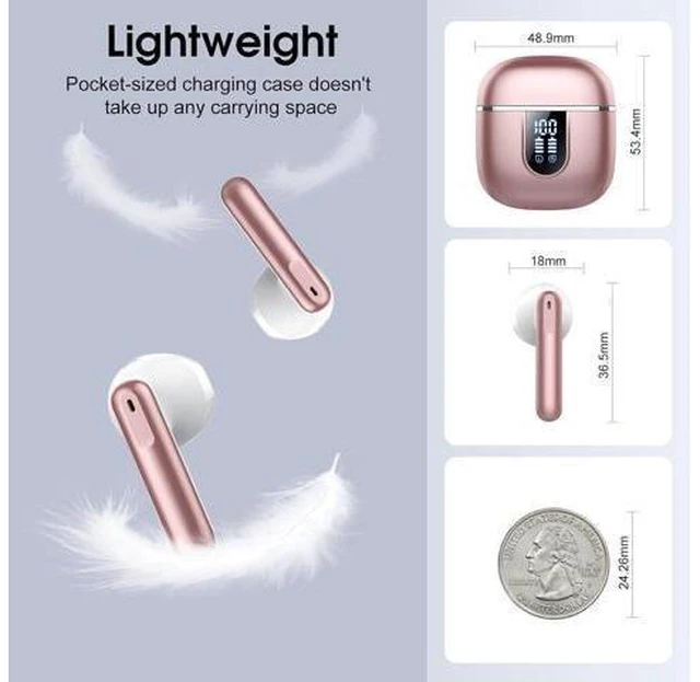 Alt view image 13 of 14 - Wireless Earbuds 2025 Bluetooth 5.4 Headphones in Ear Buds 40H HiFi Stereo Bluetooth Earbuds with 4 ENC Noise Cancelling Mics IP7 Waterproof Mini Earphones with Dual LED Display USB C Pink Gold
