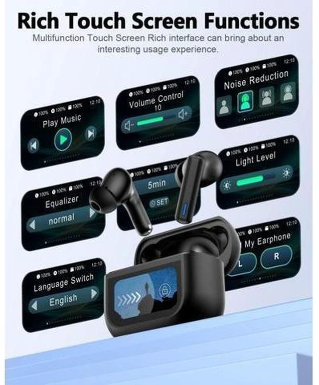 Alt view image 10 of 14 - Wireless Earbuds Bluetooth Headphones ANC/ENC Noise Cancelling Ear Buds with Multifuntional Touch Screen 40H Stereo Sound for Sports IPX7 Clear Calls 5 EQ for iOS Android (Jet Black)