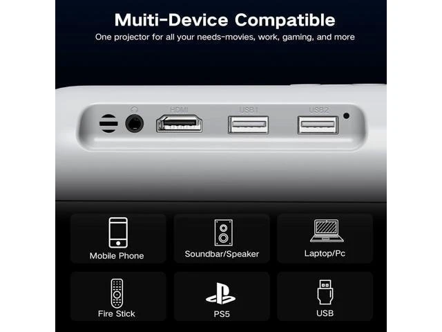 Alt view image 9 of 14 - Mini Projector Bluetooth, Fully Sealed Portable Projector, 75% Zoom & Low Noise, Movie Projector for Phone/Laptop/Stick/HDMI/USB-Gray 400 ANSI