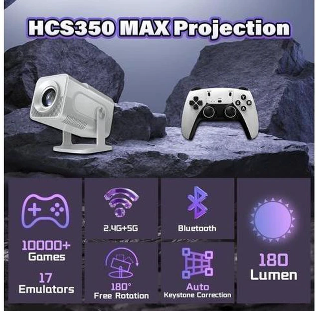 Alt view image 9 of 14 - HCS350 Max Smart Portable projector,10000+ Games,17 emulator Projectors with WIFI & Bluetooth,180° Free Projection,Autofocus,180 Lumens,1280*720P with 2 Wireless Controller,Android 11,for Camping