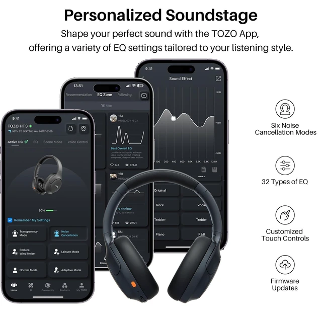 Alt view image 14 of 14 - HT3 Hybrid Noise Cancelling Headphones, 90H Battery Life Wireless Over Ear Bluetooth 6.0 Foldable Headset, AI Voice Assistant with 5 Mics, Connect 2 Devices and Hi-Res Sound, 32 EQ Audio Presets