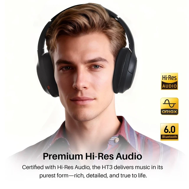 Alt view image 10 of 14 - HT3 Hybrid Noise Cancelling Headphones, 90H Battery Life Wireless Over Ear Bluetooth 6.0 Foldable Headset, AI Voice Assistant with 5 Mics, Connect 2 Devices and Hi-Res Sound, 32 EQ Audio Presets