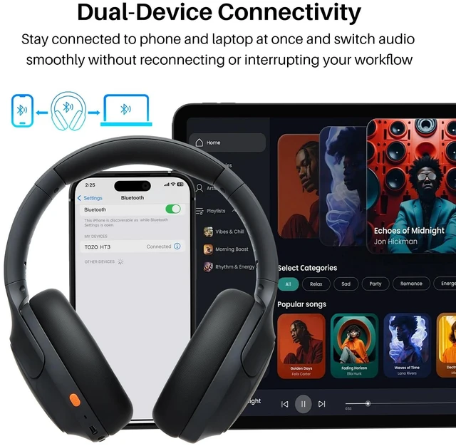 Alt view image 13 of 14 - HT3 Hybrid Noise Cancelling Headphones, 90H Battery Life Wireless Over Ear Bluetooth 6.0 Foldable Headset, AI Voice Assistant with 5 Mics, Connect 2 Devices and Hi-Res Sound, 32 EQ Audio Presets