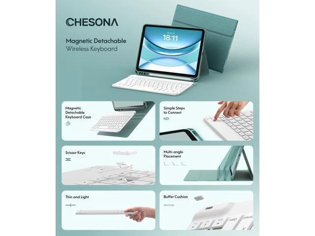Alt view image 8 of 10 - CHESONA Keyboard Case for iPad 10th Generation 10.9-inch 2022, Detachable Bluetooth Keyboard, Stand Folio Keyboard Cover with Pencil Holder, Rechargeable Keyboard for iPad 10th Gen 2022 (Lake Green)
