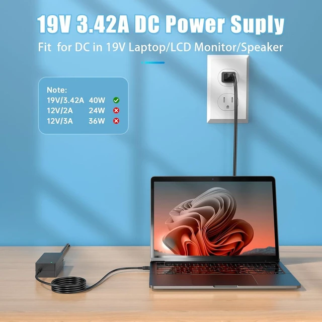 Alt view image 11 of 14 - 19V DC Power Supply 19V 3.42A Power Adapter for 65W 45W Laptop Monitor Speaker Compatible with //Gateway/Toshiba Laptop for LG// Monitor Power Cord with 10tips