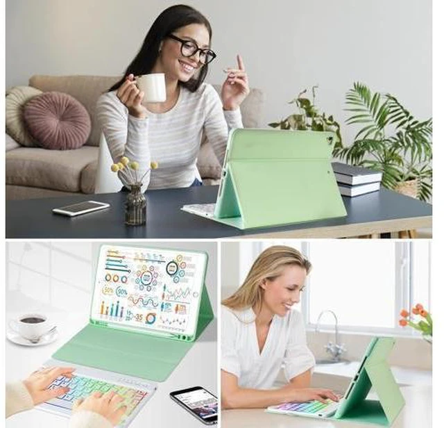 Alt view image 10 of 10 - MORECOO for iPad 9th Generation Case with Keyboard, 7 Color Backlit Wireless Keyboard with Pencil Holder for 10.2 inch iPad 8th / 7th, for iPad Pro 10.5 inch 2017, for iPad Air 3rd Gen (Mint Green)