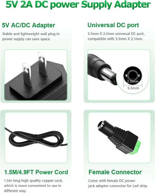 Alt view image 8 of 12 - 5V 2A Power Supply Adapter DC 5V 2000mA Power Cord AC/DC Charger AC 100V-240V to DC 5 Volt 1.5A 1Amp 0.5A for Security Camera Baby Monitor Graco Swing TV Box Raspberry Pi USB Type C (5 Pack)