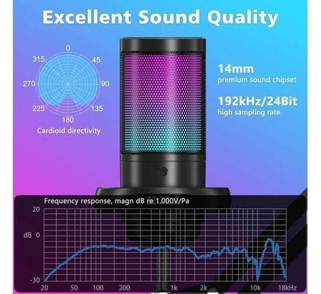 Alt view image 10 of 14 - USB Gaming Microphone for PC, Condenser Mic with Boom Arm for PS4/ PS5/ Mac/Phone with Touch Mute, RGB Lighting,Gain knob & Monitoring Jack for Streaming,Podcasting,YouTube