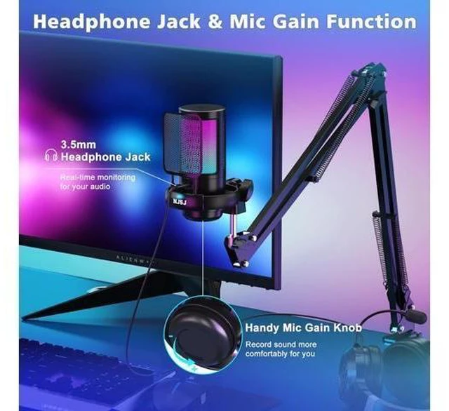 Alt view image 12 of 14 - USB Gaming Microphone for PC, Condenser Mic with Boom Arm for PS4/ PS5/ Mac/Phone with Touch Mute, RGB Lighting,Gain knob & Monitoring Jack for Streaming,Podcasting,YouTube