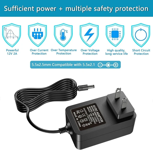 Alt view image 10 of 14 - 12V 2A AC Adapter Charger Replacement with 2 Tips Regulated 12 Volts 2000mA Power Supply Cord for LED Strip Light CCTV Camera BT Speaker GPS Webcam Router DC12V Transformer (6 Pack)