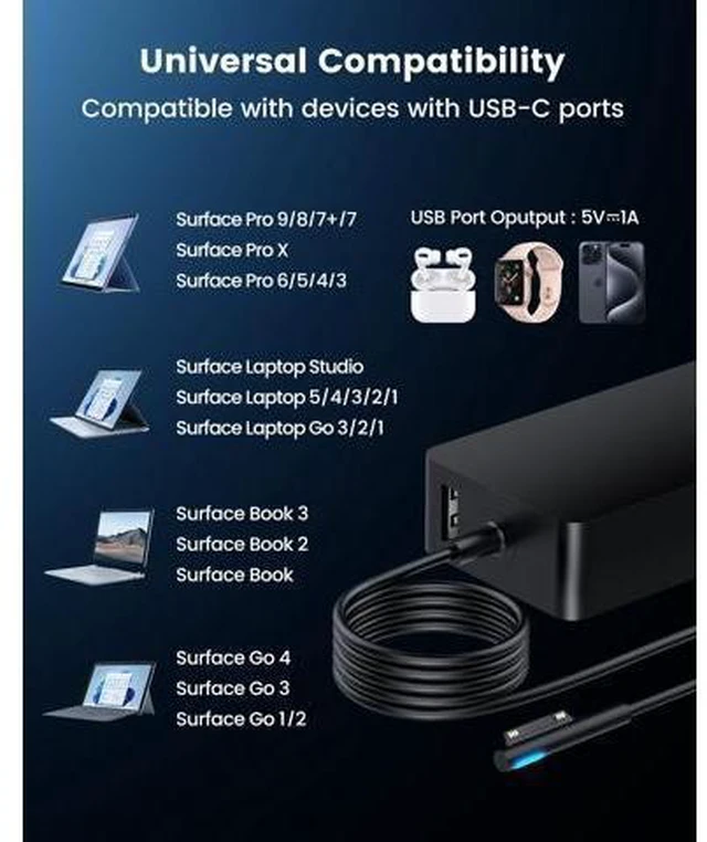 Alt view image 8 of 10 - 102W Surface Book 2 Charger, for Microsoft Surface Laptop Studio, Surface Laptop 3 4 5, Windows Surface Pro/Go, Fast Charge 9.19Ft Super Long Cable with Magnetic Plug & LED