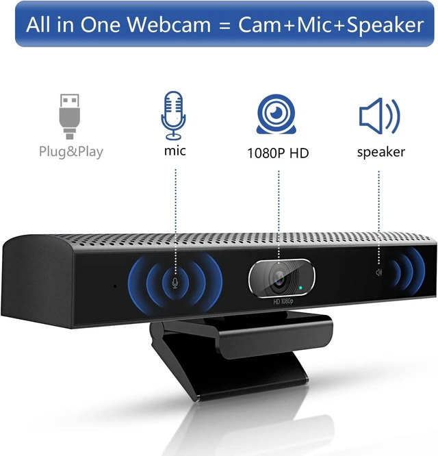 Alt view image 9 of 14 - Conference Room Camera, 3-in-1, 1080p Full HD Webcam with Microphone and Speaker, USB Plug and Play, Wide Angle Video Conference Camera for Desktop, Laptop, Mac, PC (Black)