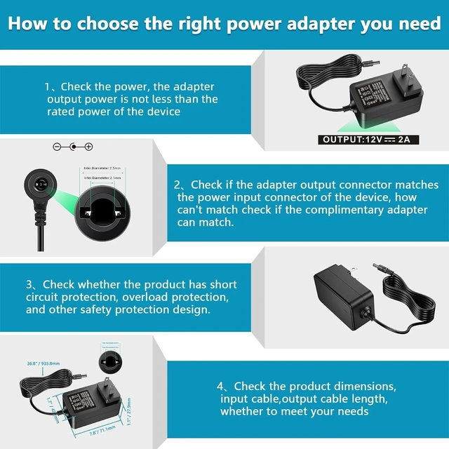 Alt view image 13 of 14 - 12V 2A AC Adapter Charger Replacement with 2 Tips Regulated 12 Volts 2000mA Power Supply Cord for LED Strip Light CCTV Camera BT Speaker GPS Webcam Router DC12V Transformer (6 Pack)