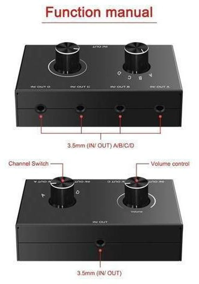 Alt view image 7 of 10 - 4 Port Audio Switch, 3.5mm Audio Switcher, Stereo AUX Audio Selector, 4 Input 1 Output / 1 Input 4 Output Audio Splitter Switcher, Audio Switcher Box, 4 channel switch knob, No External Power Required