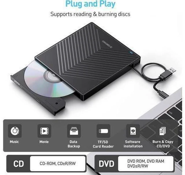 Alt view image 11 of 14 - ORIGBELIE External CD DVD Drive, Ultra Slim CD Burner USB 3.0 with 4 USB Ports and 2 TF/SD Card Slots, Optical Disk Drive for Laptop Mac, PC Windows 11/10/8/7 Linux OS